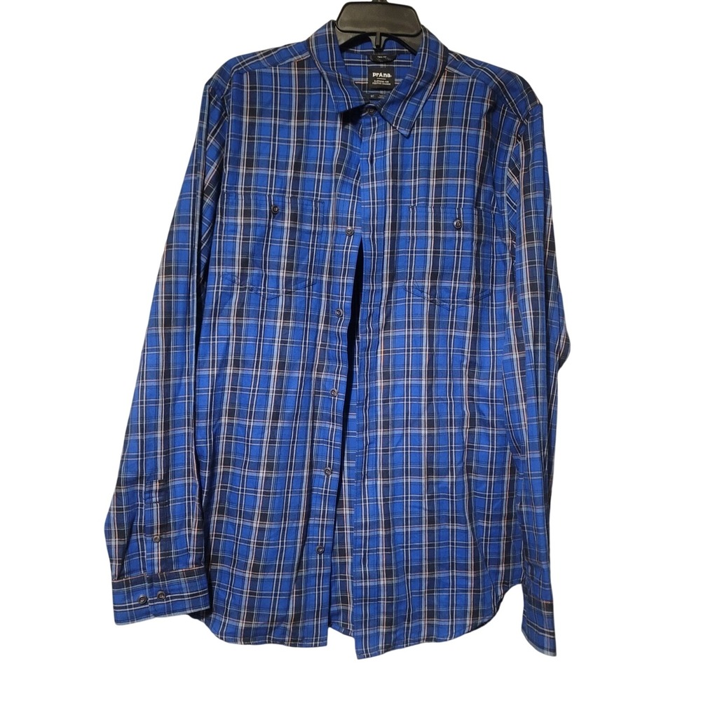 Prana Dolberg Blue‎ Plaid Organic Cotton Flannel Shirt Tall Fit MT Long Sleeve